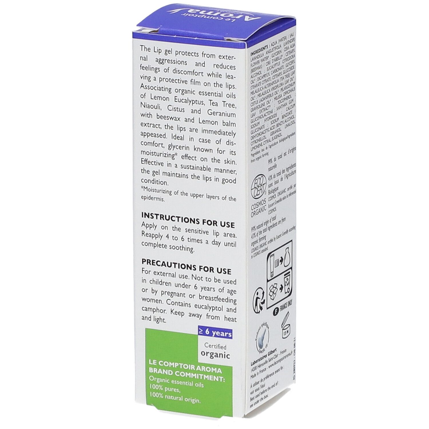 Seite der 'Le comptoir Aroma' Gel labial Verpackung. Beschreibung des Produkts, Anwendungshinweise, Vorsichtsmaßnahmen.