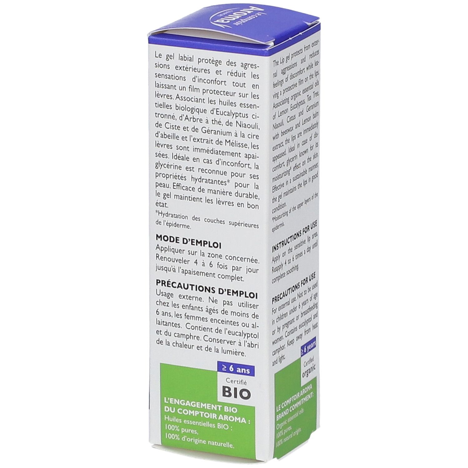 Seite der 'Le comptoir Aroma' Gel labial Verpackung. Produktbeschreibung, Anwendungshinweise, Vorsichtsmaßnahmen.