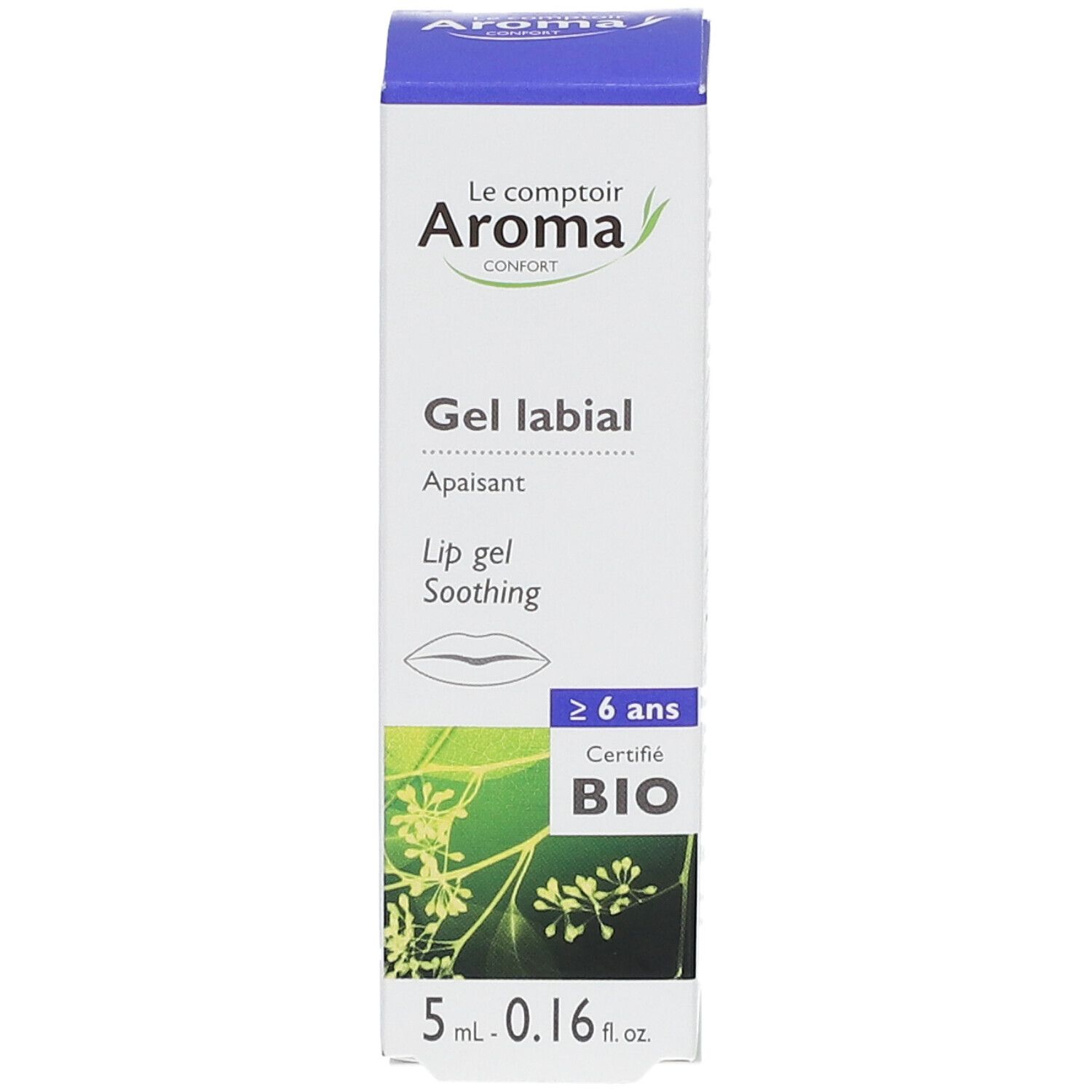 Karton 'Le comptoir Aroma' Gel labial. Text: 'Gel labial Apaisant'. Zertifiziert Bio. Inhalt: 5 ml.