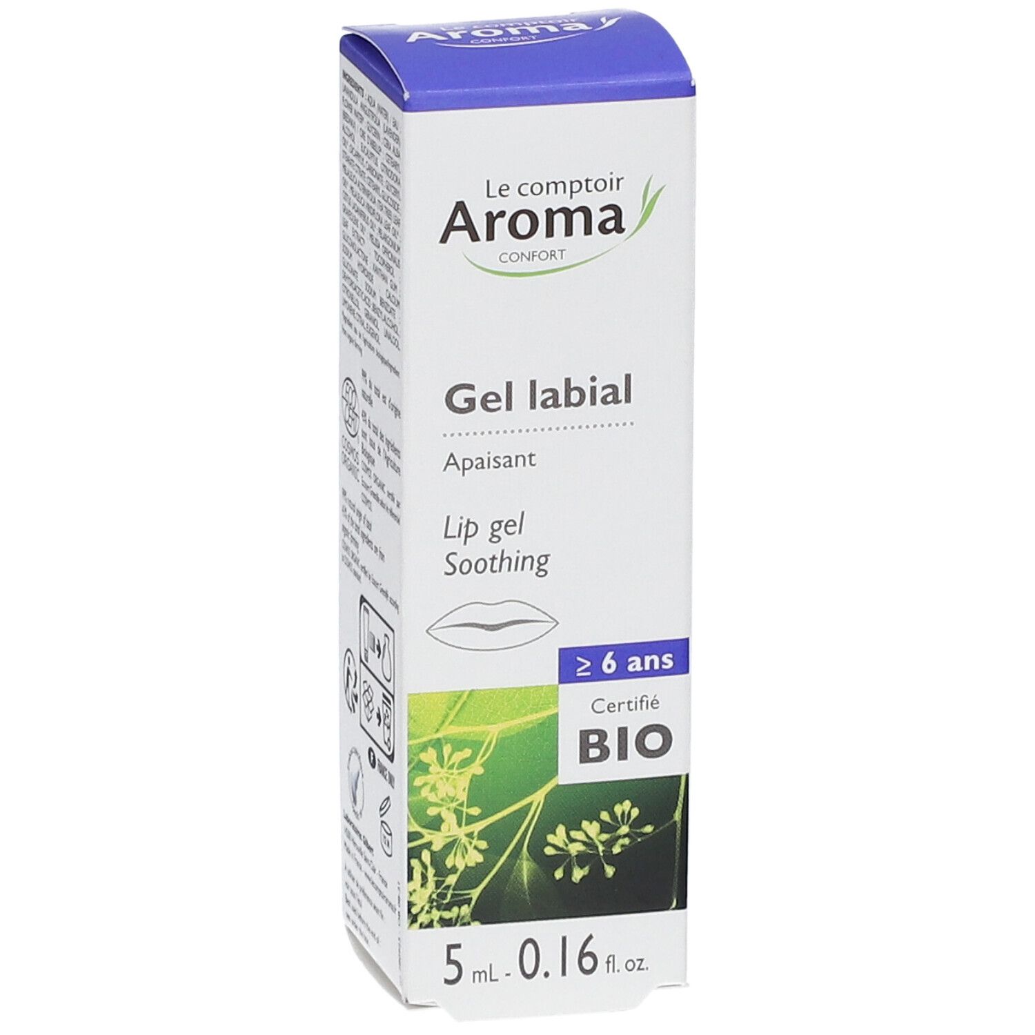 Karton 'Le comptoir Aroma' Gel labial. Text: 'Gel labial Apaisant'. Zertifiziert Bio. Inhalt: 5 ml.