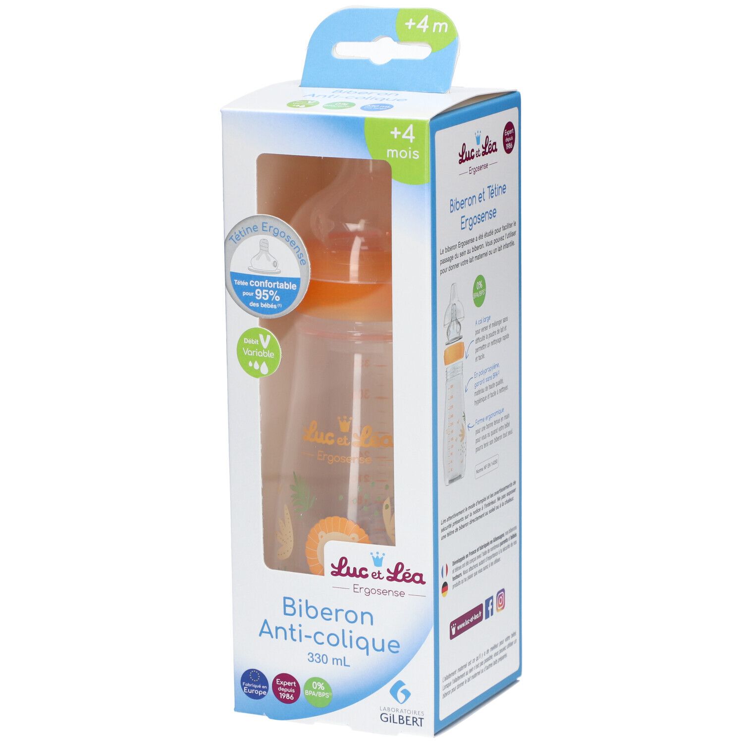 Babyflasche in Verpackung. Orangefarbener Sauger, transparente Flasche mit Aufdruck. Text: Biberon Anti-colique, 330 ml.