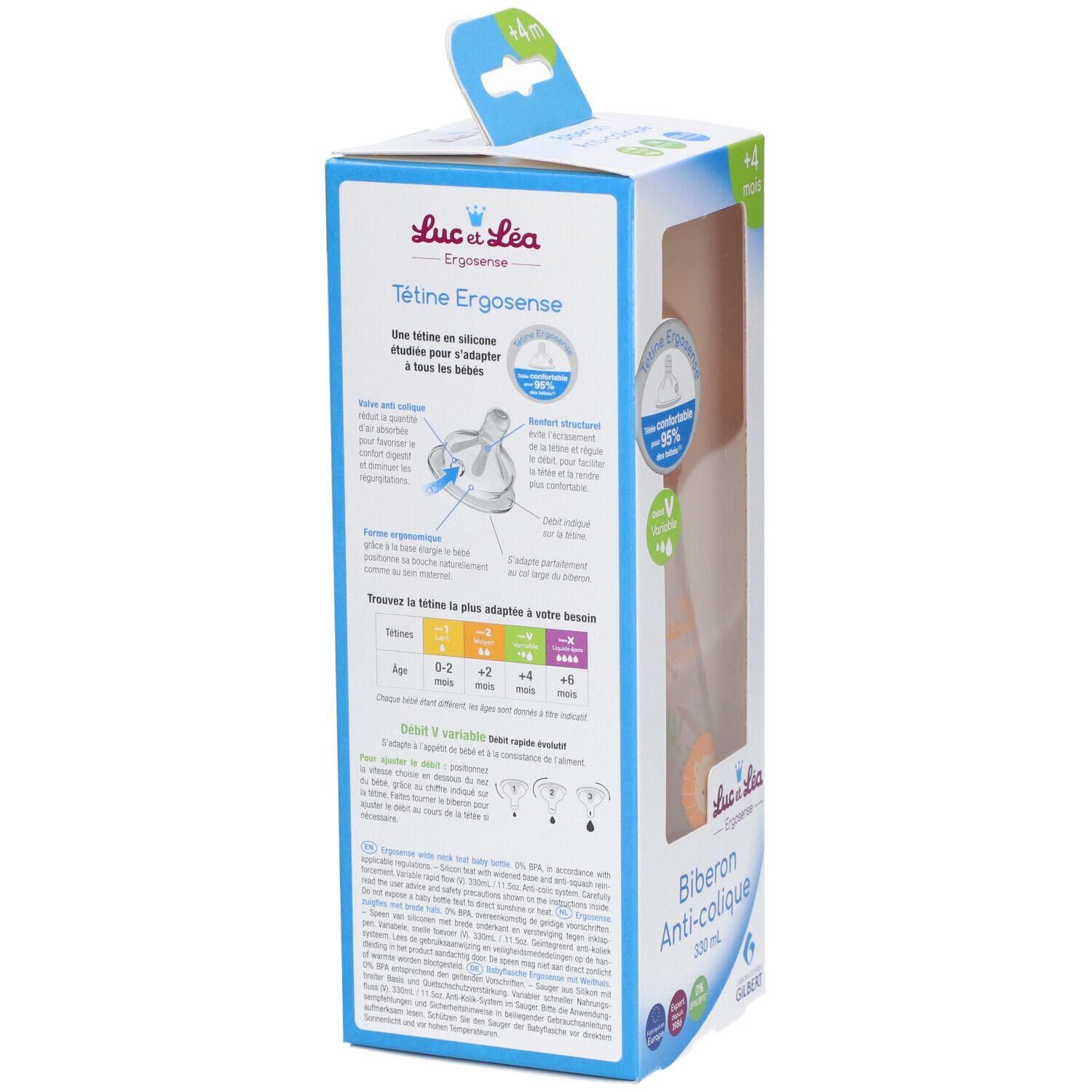 Verpackung mit Produktinformationen. Diagramme und Text über die Eigenschaften des Flaschensaugers. Text: Tétine Ergosense.
