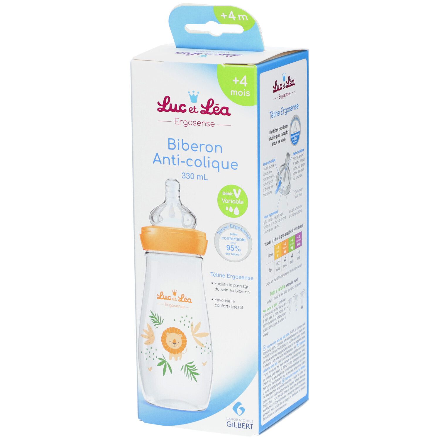 Babyflasche in Verpackung. Orangefarbener Sauger, transparente Flasche mit Löwen-Illustration. Text: Biberon Anti-colique, 330 ml.