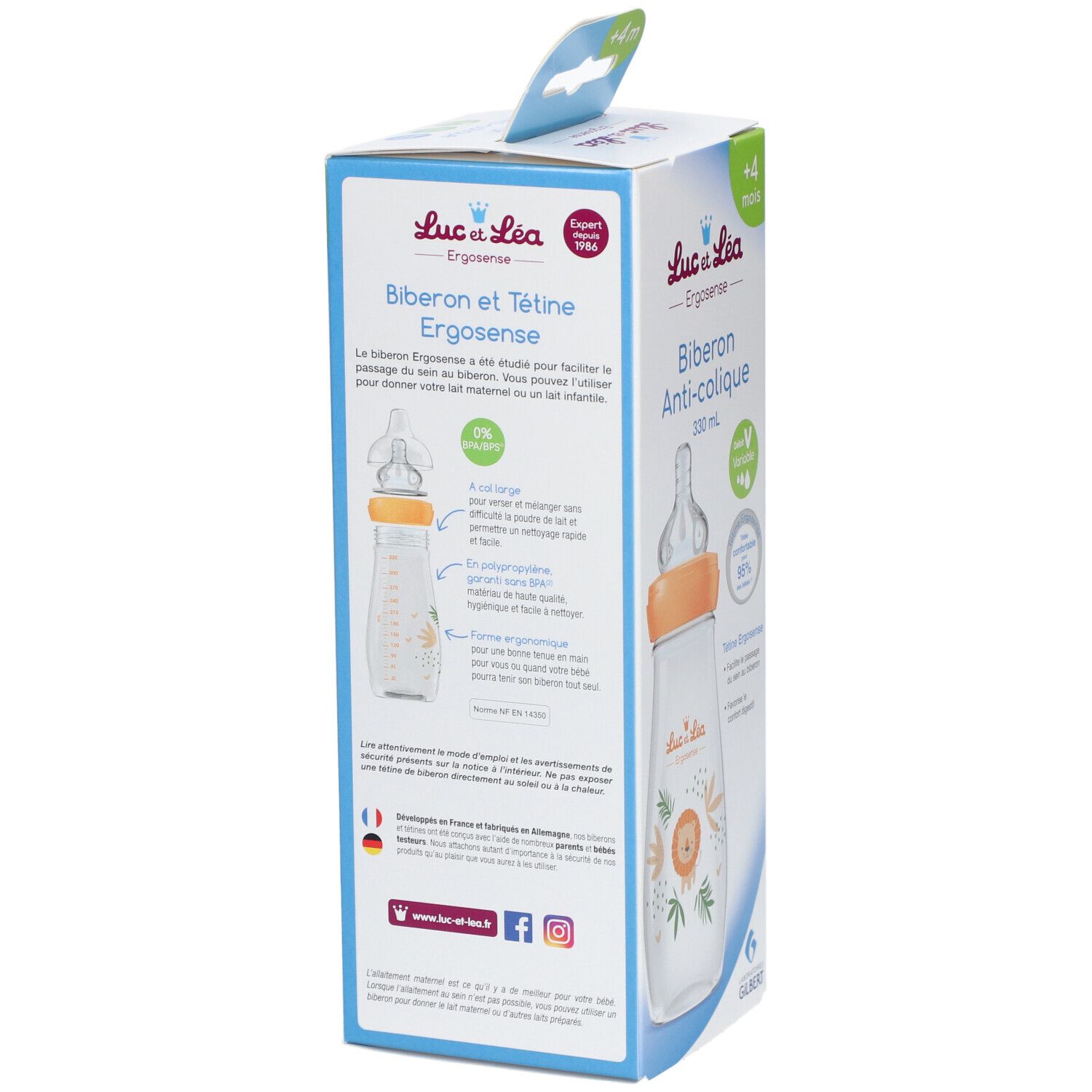 Verpackung mit Produktinformationen. Ansichten der Flasche und Text. Text: Biberon et Tétine Ergosense.