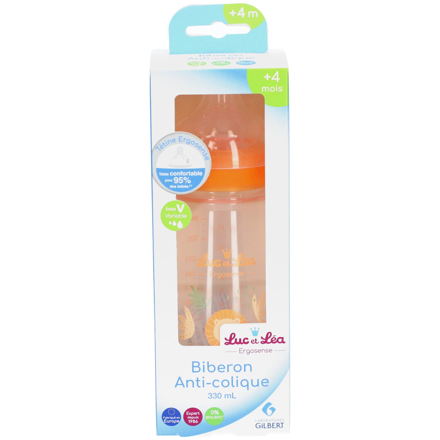Babyflasche in Verpackung. Orangefarbener Sauger, transparente Flasche. Text: Biberon Anti-colique, 330 ml.
