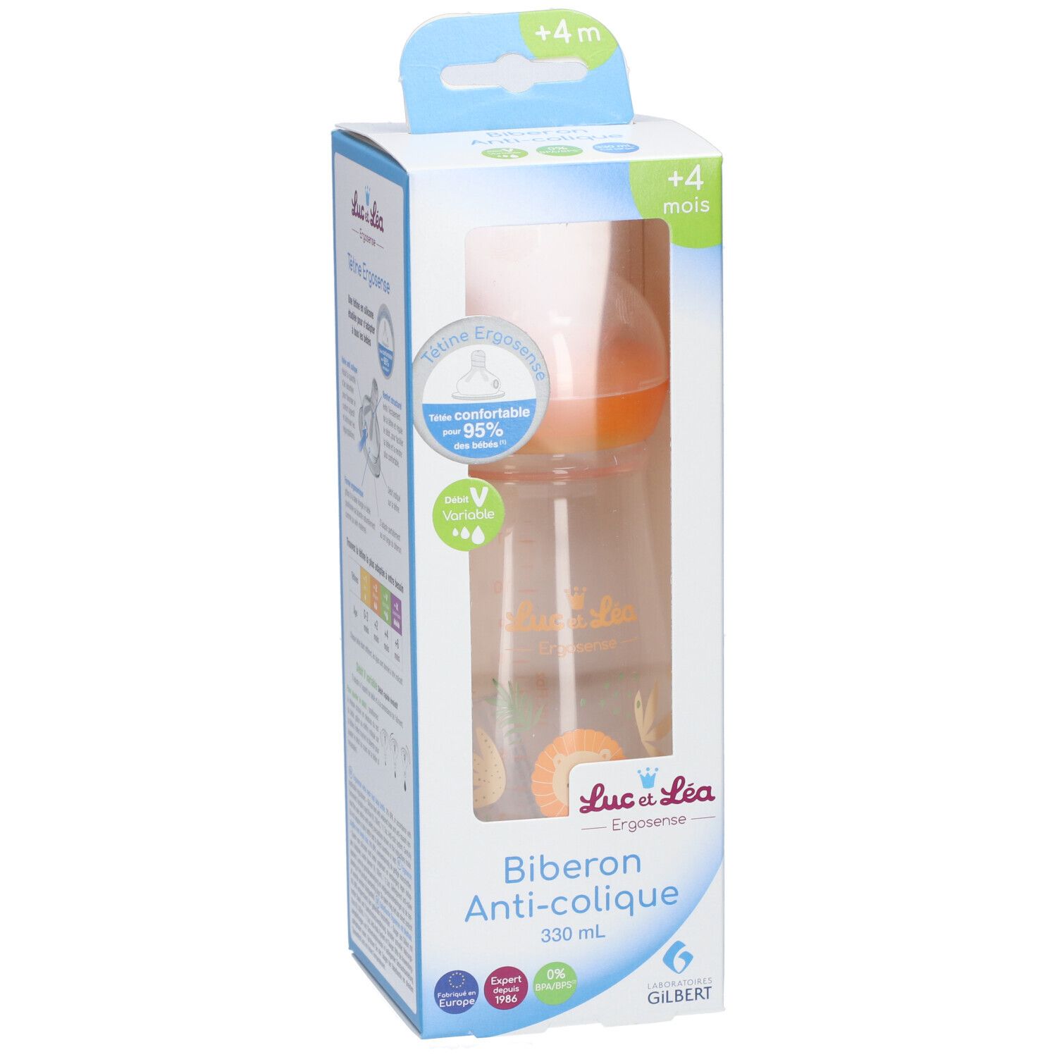 Babyflasche in Verpackung. Orangefarbener Sauger, transparente Flasche. Text: Biberon Anti-colique, 330 ml.