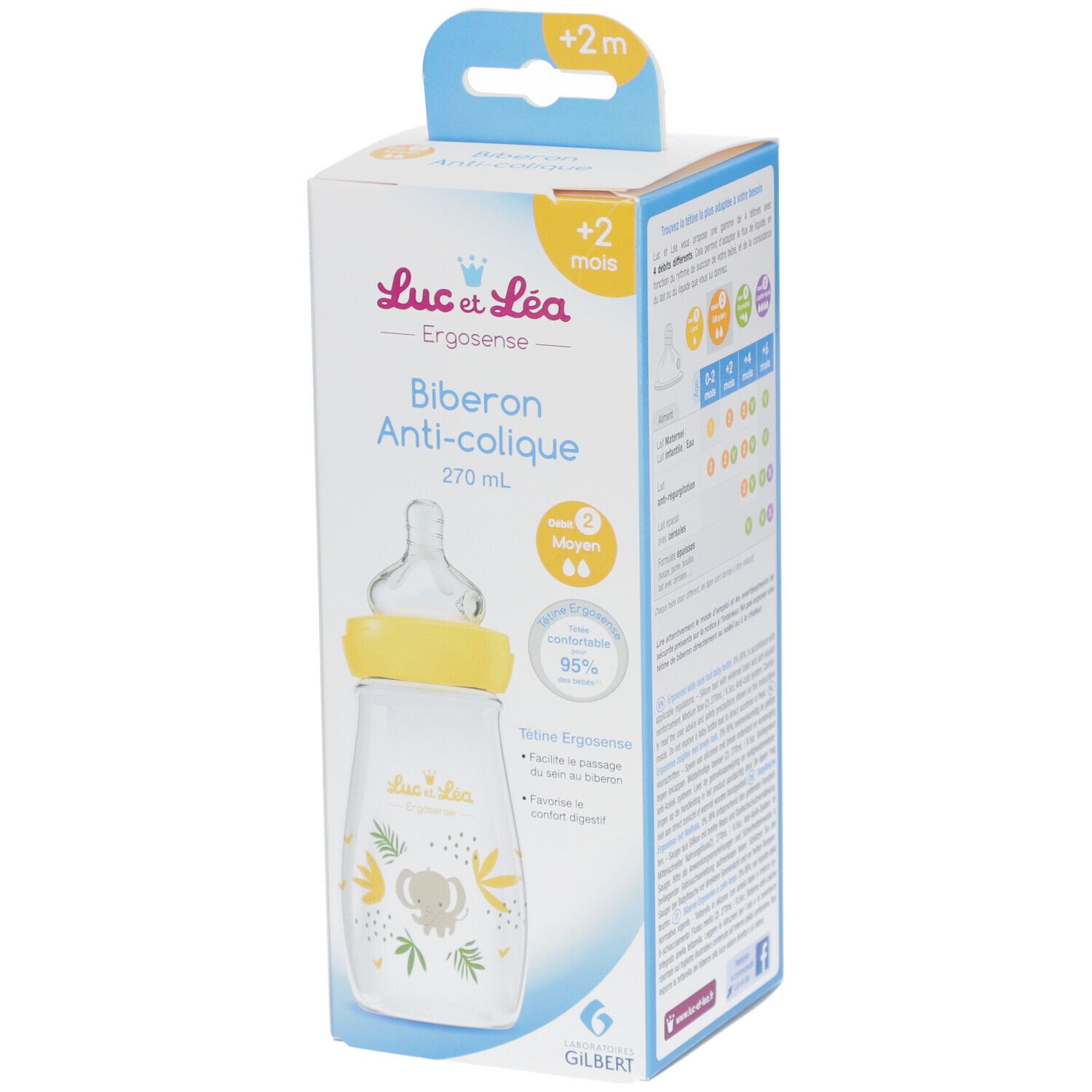 Biberon anti-colique dans son emballage. Tétine jaune, biberon transparent avec illustrations. Inscription: Biberon Anti-colique, 270 ml.