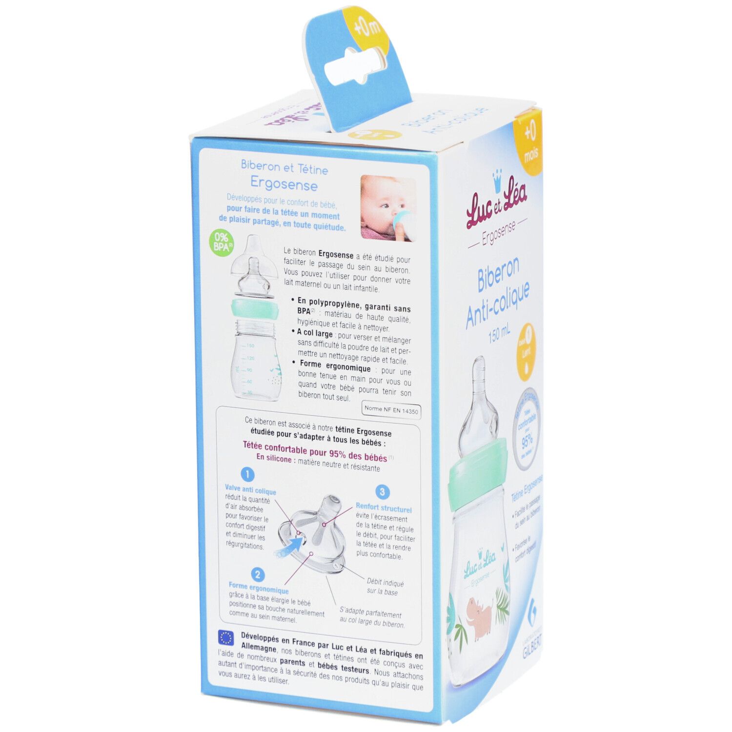 Emballage avec biberon. Illustrations et texte. Inscription: Biberon Anti-colique, 150 ml.