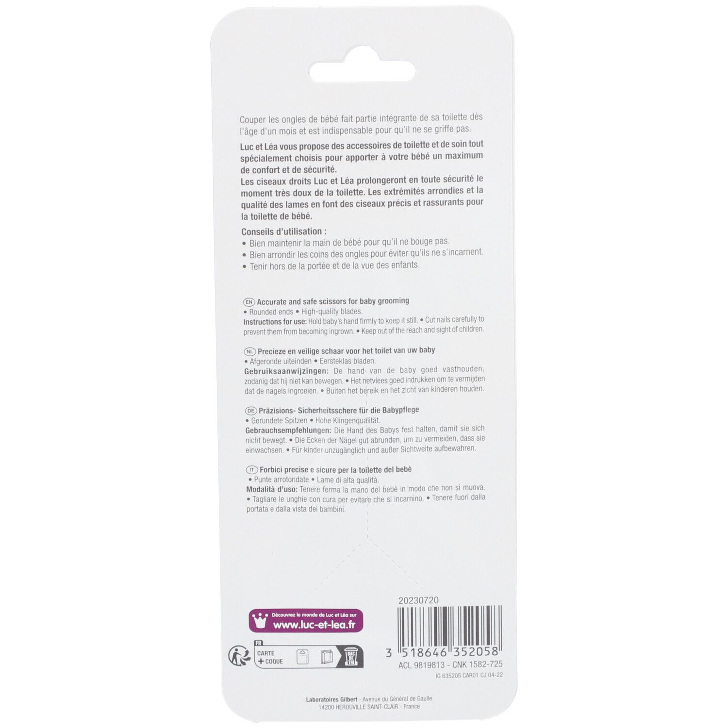 Dos de l'emballage avec texte multilingue. Informations sur l'utilisation et la sécurité. Code-barres et logo.
