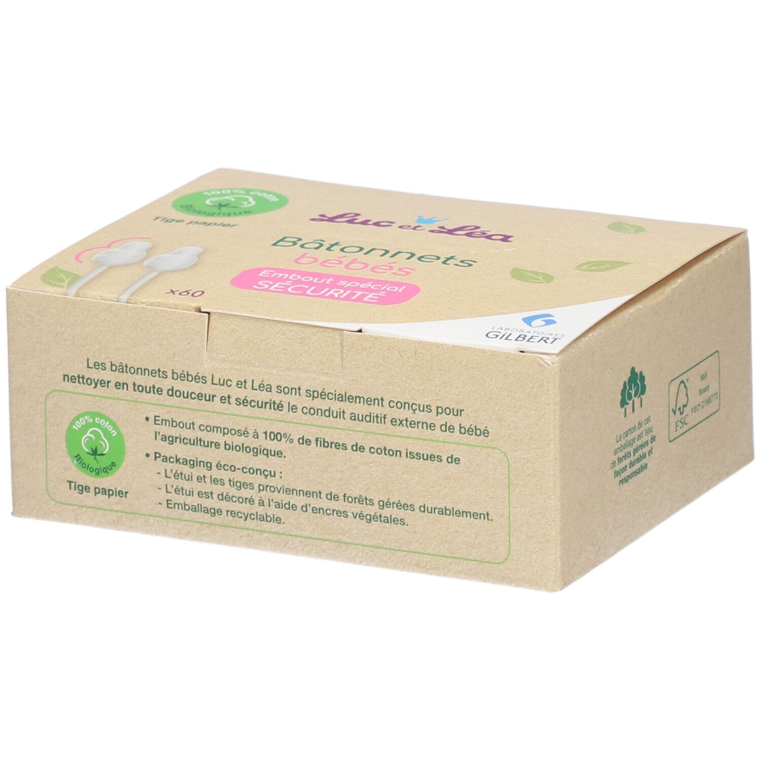 Kartonverpackung mit Baby-Wattestäbchen. Aufdrucke: "Luc et Léa", "Bâtonnets bébés", "Embout spécial sécurité".