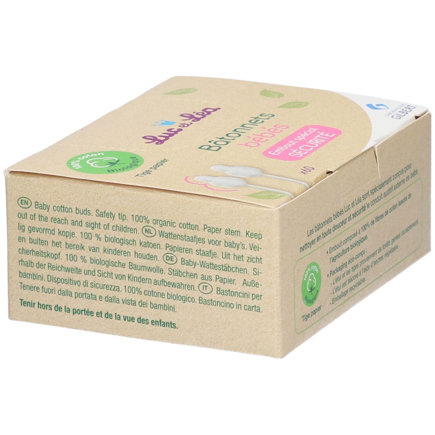 Kartonverpackung mit Text in mehreren Sprachen. Aufdrucke: "Luc et Léa", "Bâtonnets bébés", "Embout spécial sécurité".