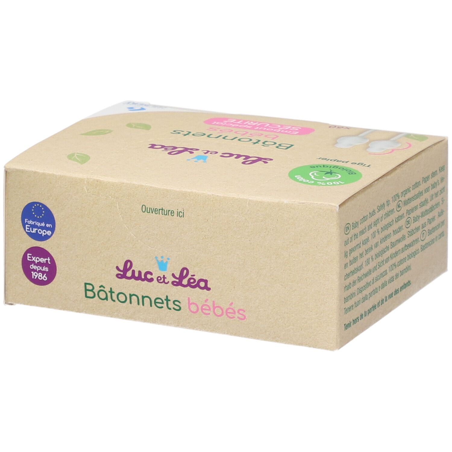 Kartonverpackung mit Logo "Luc et Léa" und Text "Bâtonnets bébés". Aufdruck "Ouverture ici".