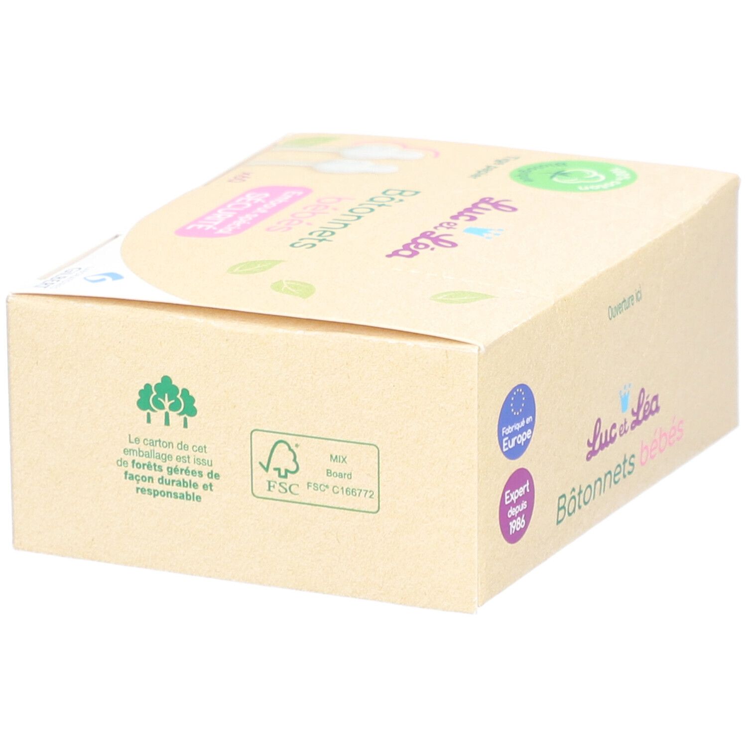 Kartonverpackung mit FSC-Siegel und Logo "Luc et Léa". Text "Bâtonnets bébés".