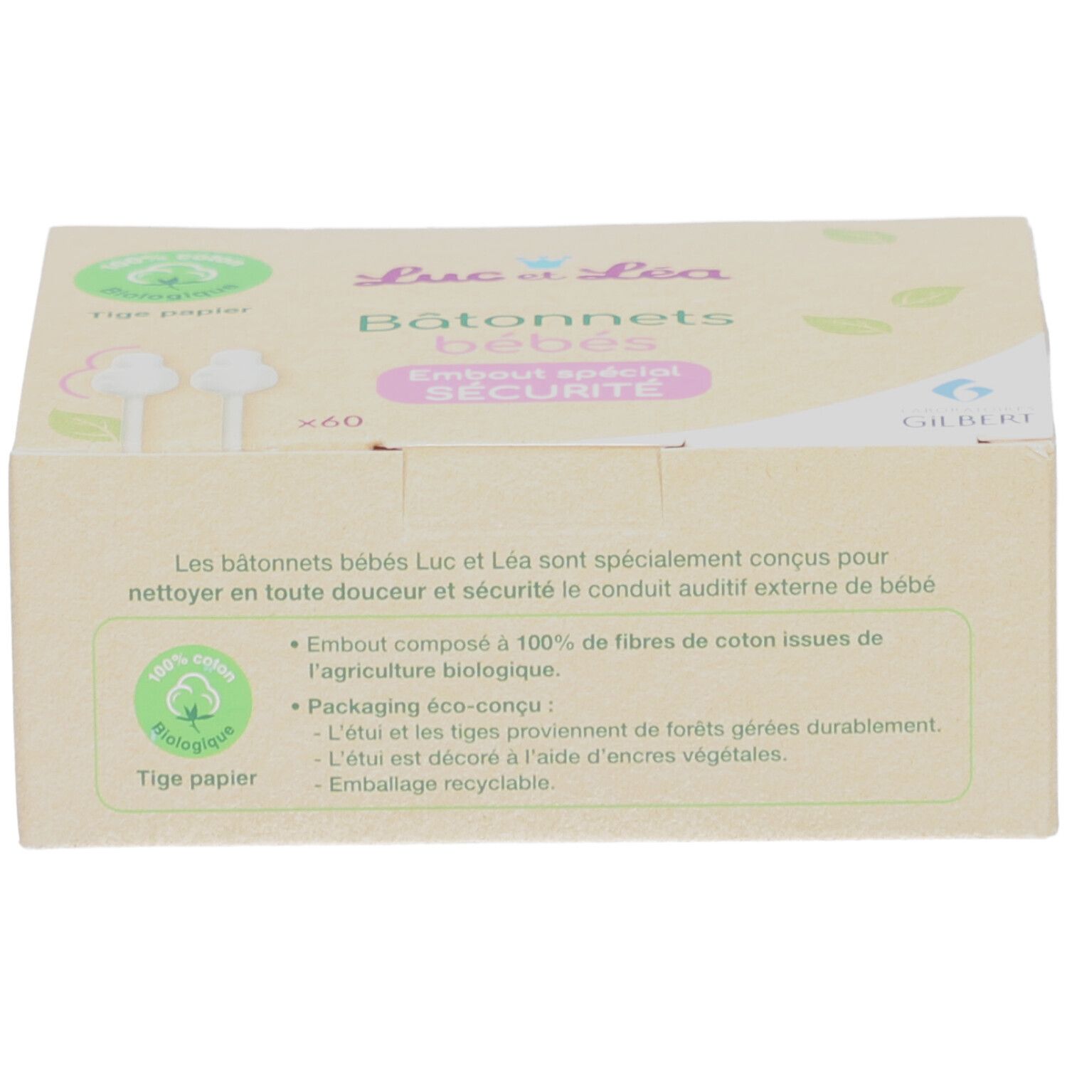 Kartonverpackung mit Text über Inhaltsstoffe und Logo "Luc et Léa". Text "Bâtonnets bébés".