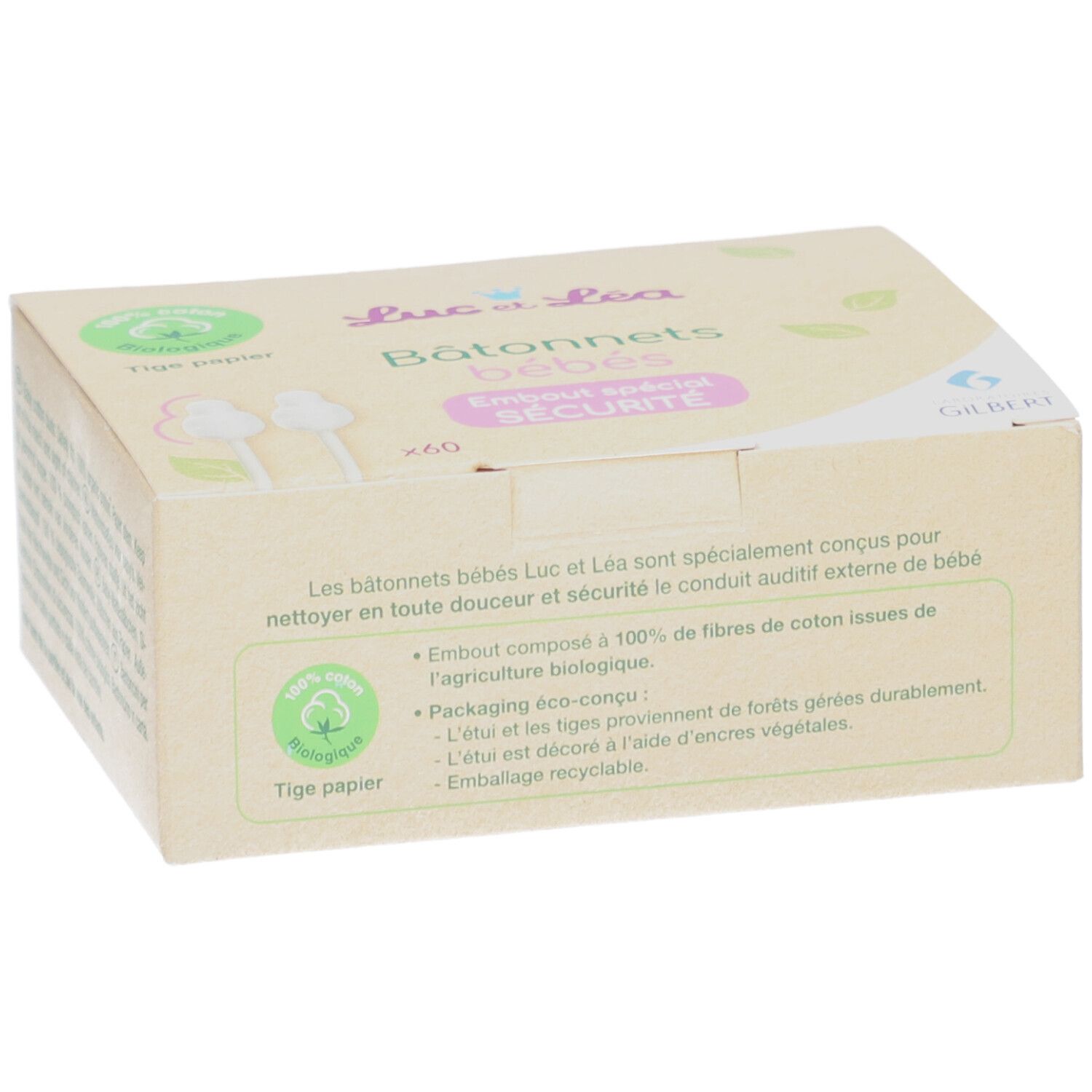 Kartonverpackung mit Logo "Luc et Léa" und Text "Bâtonnets bébés". Aufdruck "Embout spécial sécurité".