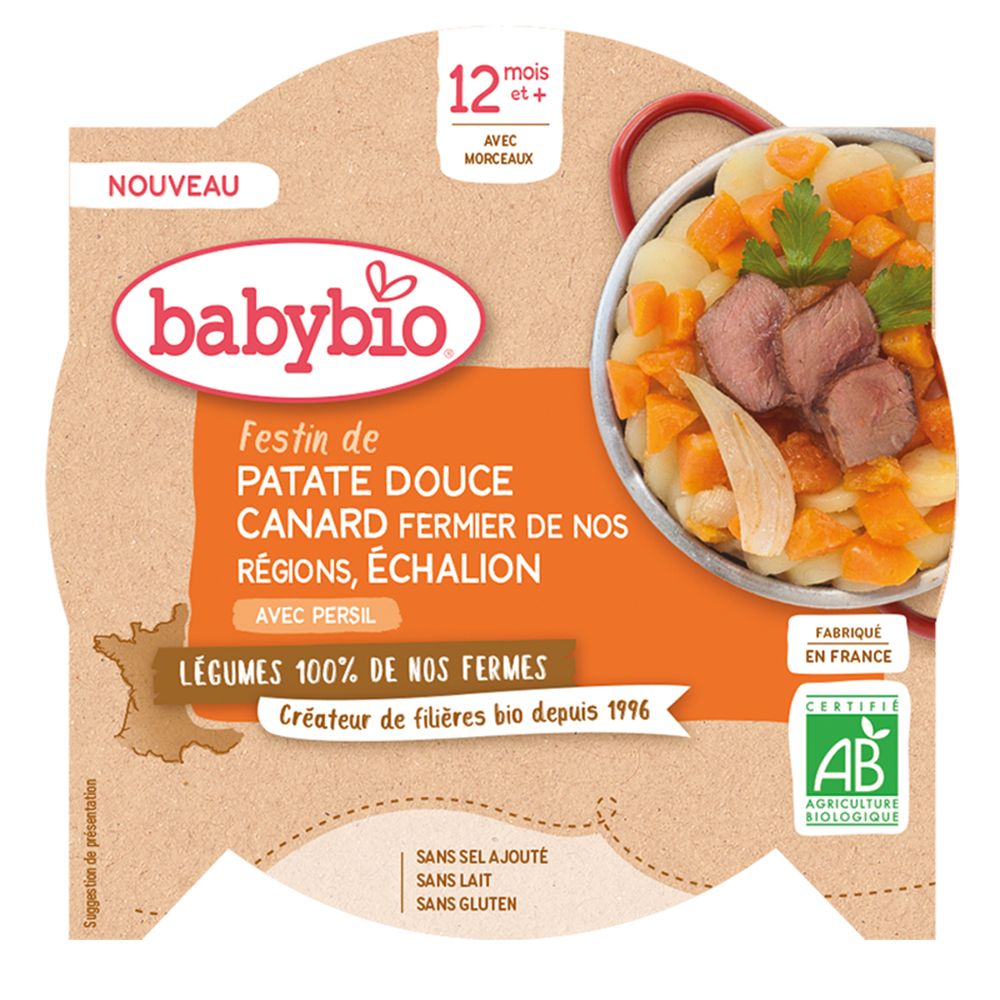 Babybio, festin de patate douce, canard, échalion, 12 mois et plus. Emballage avec image du produit et label AB. Sans sel, lait, gluten.