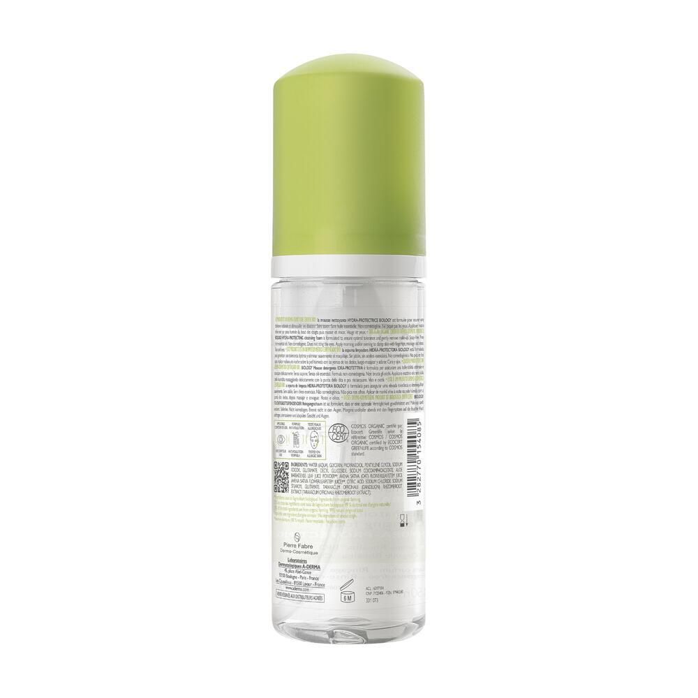 Dos du flacon A-DERMA BIOLOGY, mousse nettoyante, avec texte et logos.