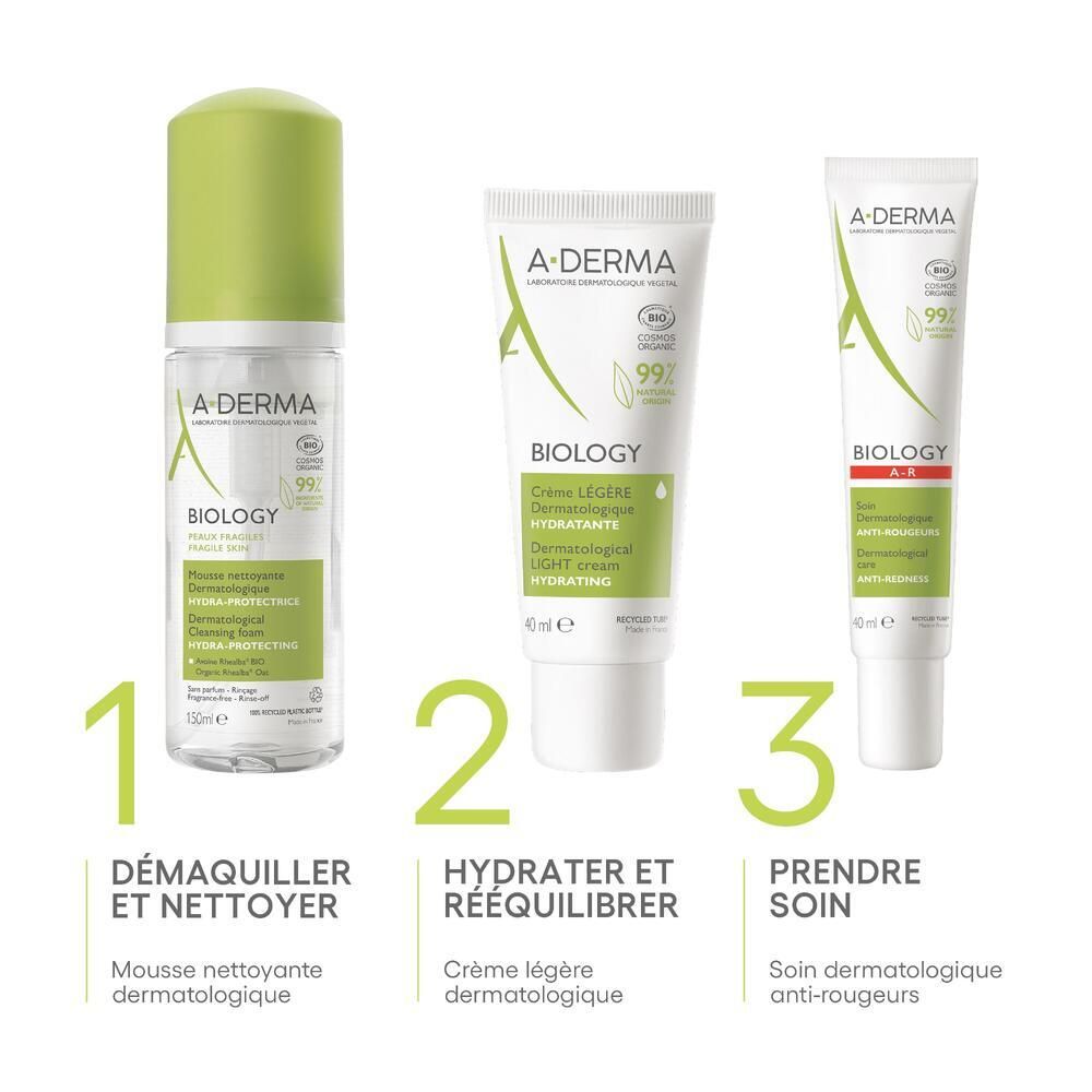Trois produits A-DERMA BIOLOGY : mousse nettoyante, crème légère et soin anti-rougeurs.