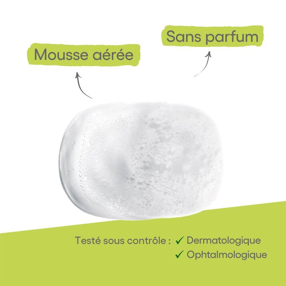 Gros plan sur la mousse, avec texte : 'Mousse aérée' et 'Sans parfum'.