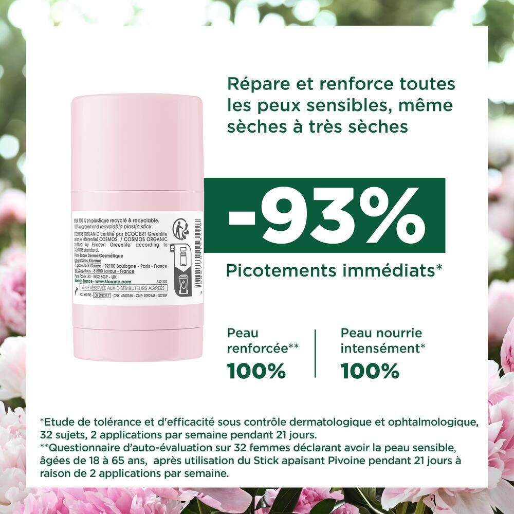 Dos du masque en stick. Texte: -93% picotements immédiats. 100% peau renforcée. 100% peau nourrie. Texte en français.