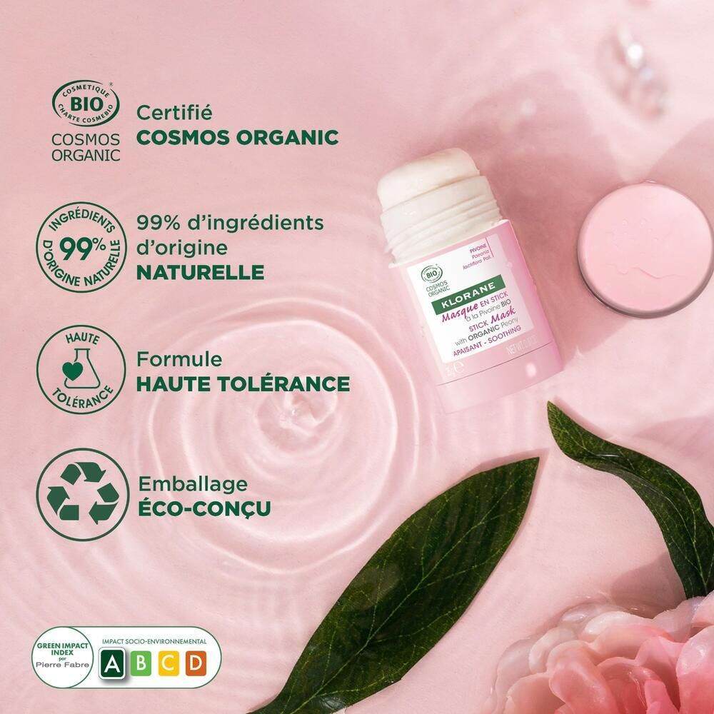 Visuel produit avec texte. Certification COSMOS ORGANIC. 99% ingrédients d'origine naturelle. Haute tolérance. Emballage éco-conçu.