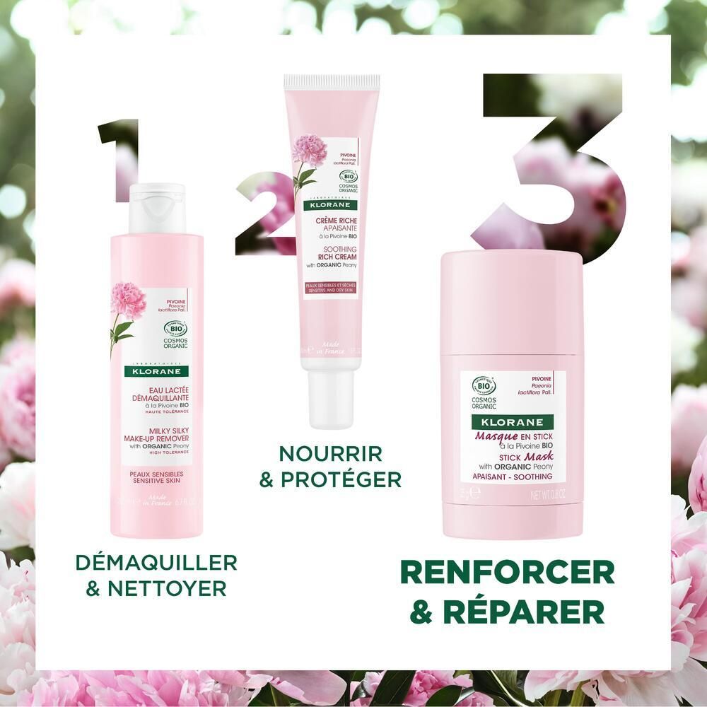 Trois produits: lait démaquillant, crème riche et masque en stick. Texte: DÉMAQUILLER & NETTOYER, NOURRIR & PROTÉGER, RENFORCER & RÉPARER.