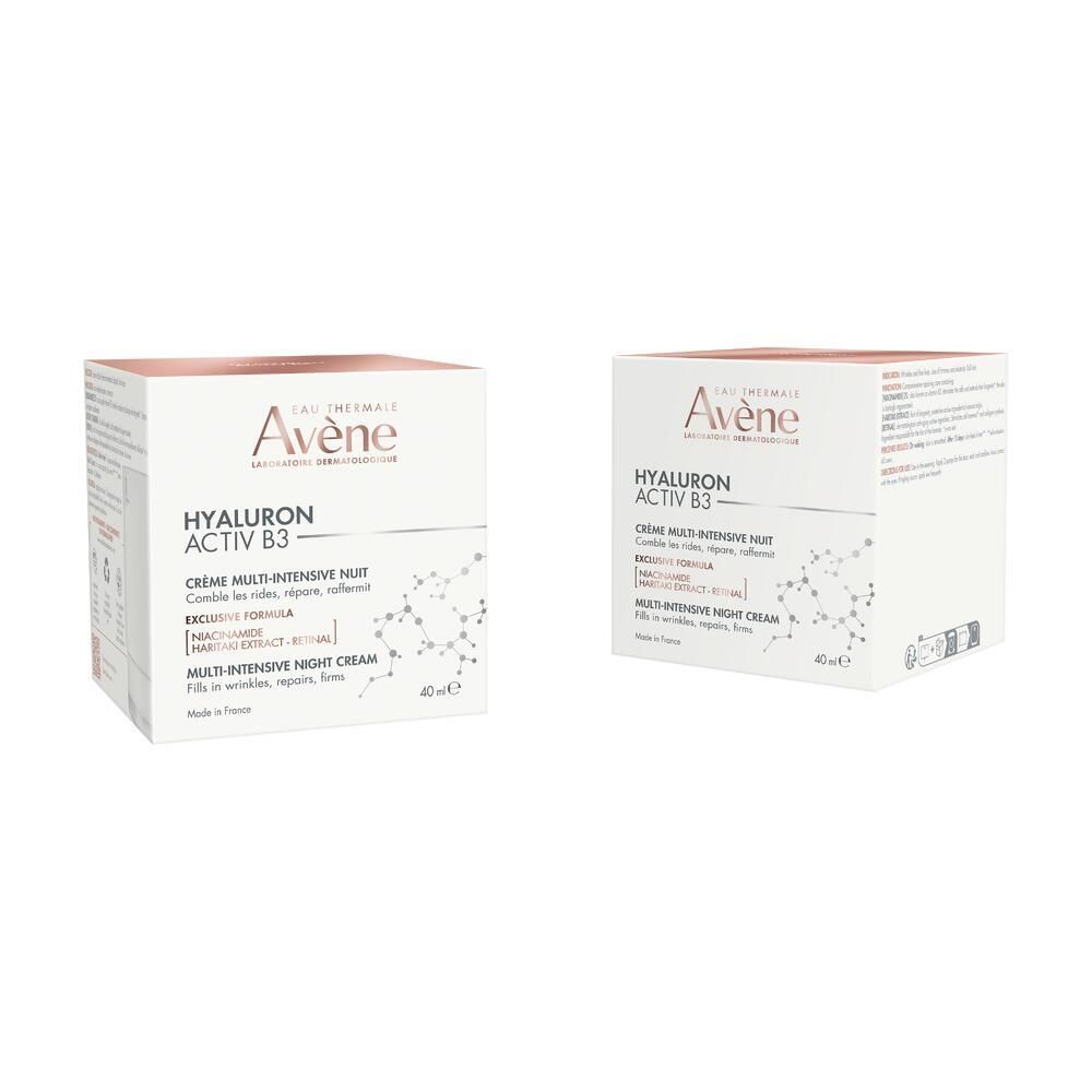 Twee dozen. Opschrift Avene, Hyaluron Activ B3, Multi-Intensieve Nachtcrème. 40ml.