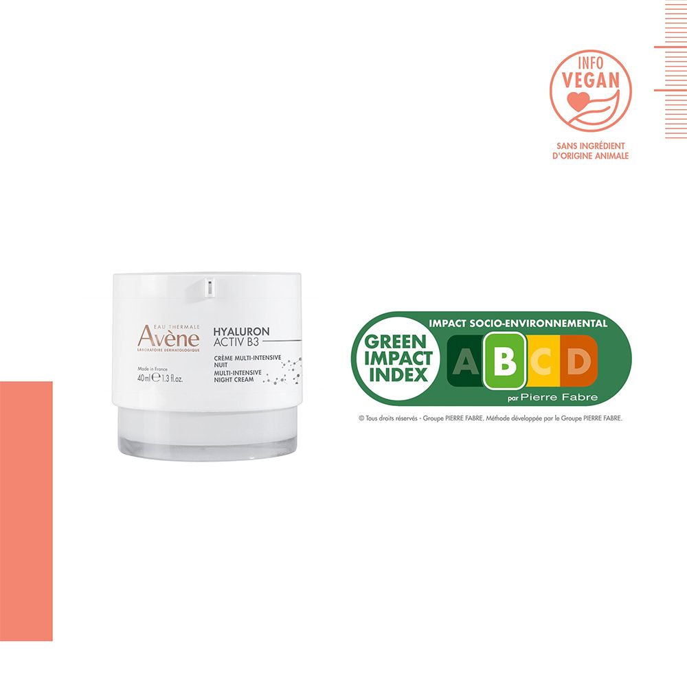 Crème pot. Opschrift Avene, Hyaluron Activ B3, Multi-Intensieve Nachtcrème. Vegan keurmerk.