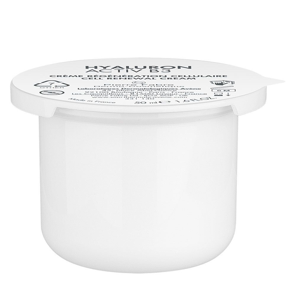 Pot blanc avec couvercle. Inscription : Hyaluron Activ B3, Crème Régénération Cellulaire. 50 ml.