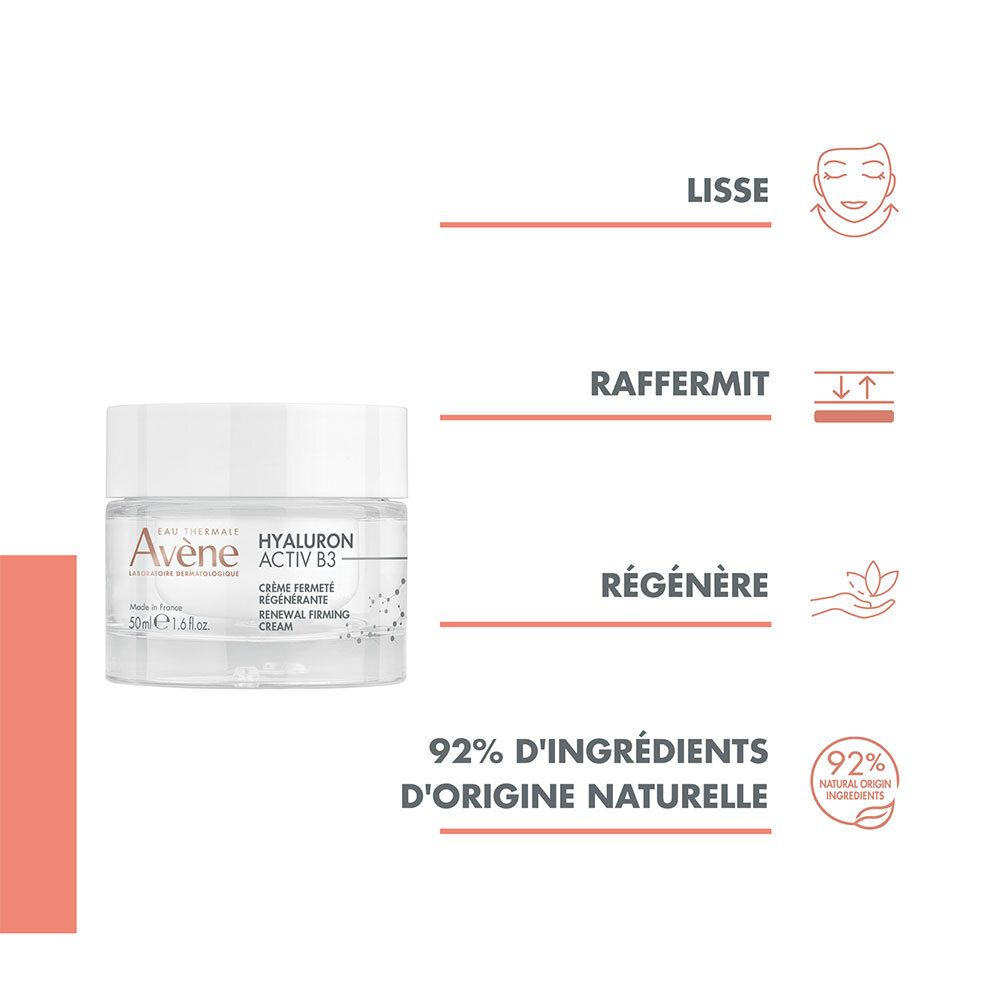 Produit avec texte et icônes. Texte: Lisse, Raffermit, Régénère. 92% d'ingrédients d'origine naturelle. Image du produit.