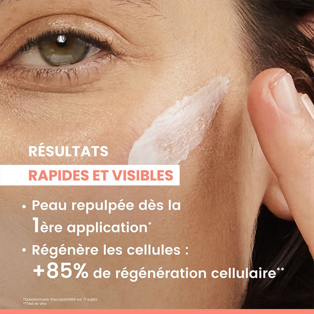 Gros plan d'un visage avec de la crème. Texte: Résultats Rapides et Visibles. Peau repulpée dès la 1ère application.