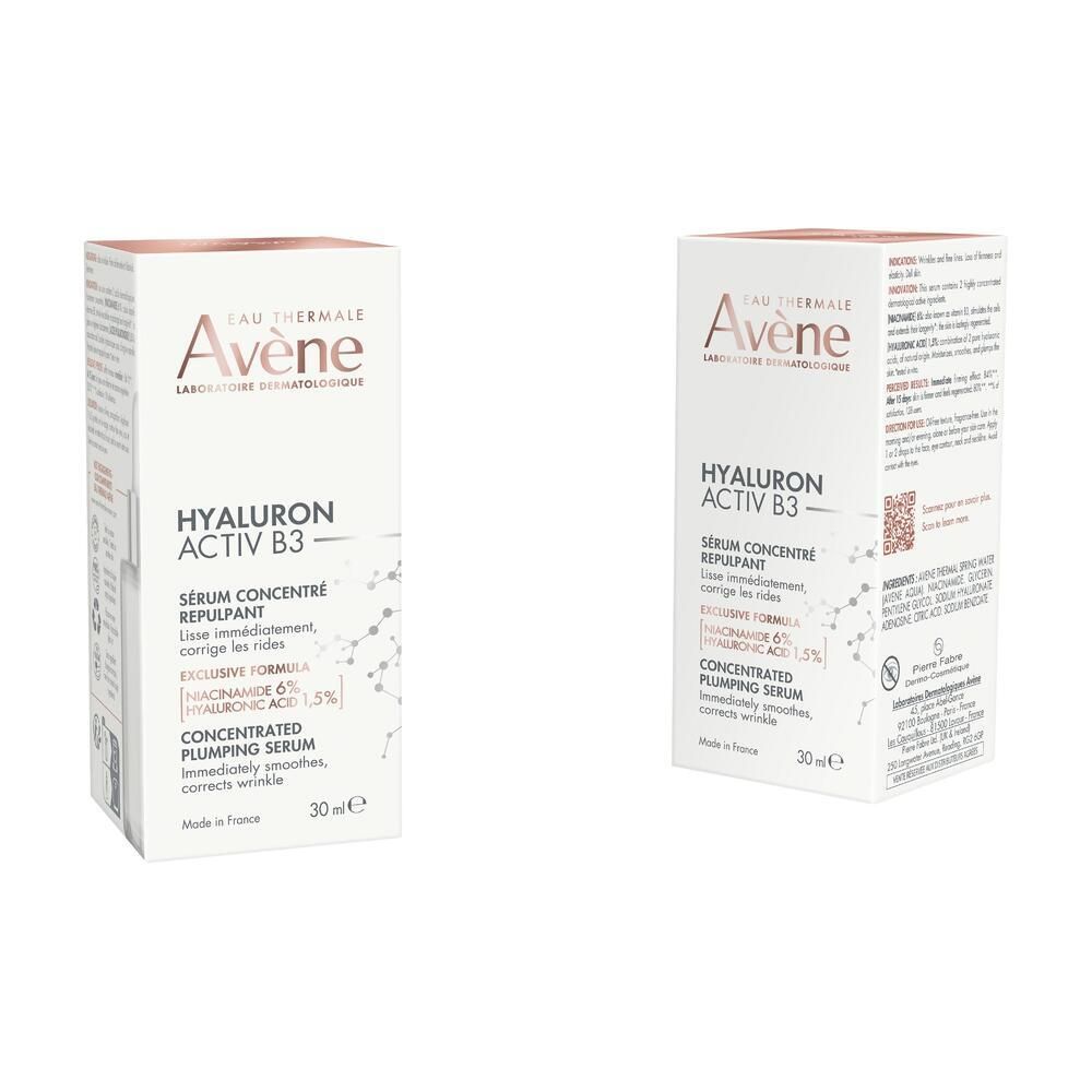 Deux boîtes. Inscription: Avene, Hyaluron Activ B3, Sérum Concentré Repulpant. 30 ml.