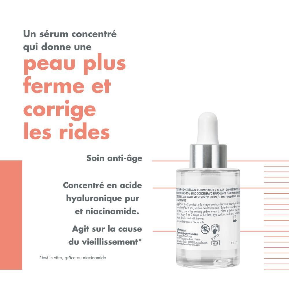 Flacon de produit avec texte. Texte: Un sérum concentré qui donne une peau plus ferme et corrige les rides.