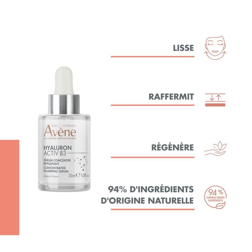 Flacon de produit avec texte. Texte: 94% d'ingrédients d'origine naturelle. Lisse, raffermit, régénère.