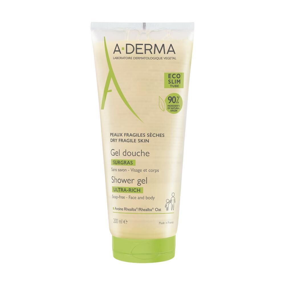 Tube de gel douche A-DERMA. Design vert et blanc. Texte: Peaux fragiles sèches, Gel douche, Shower gel. 90% d'origine naturelle.