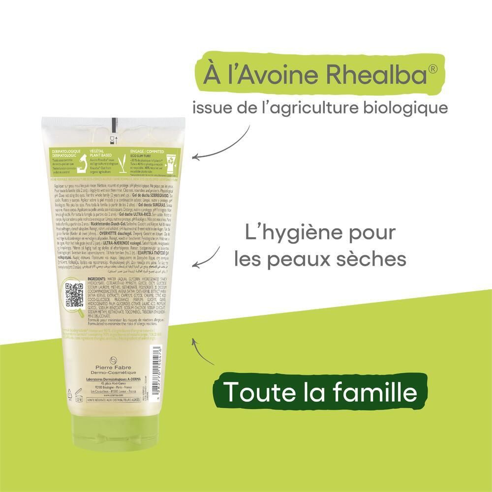 Dos du tube de gel douche. Texte: À l'Avoine Rhealba, L'hygiène pour les peaux sèches, Toute la famille. Fond vert.