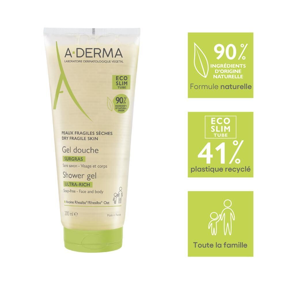 Tube de gel douche A-DERMA. Texte: Peaux fragiles sèches, Gel douche, Shower gel. 90% d'origine naturelle, 41% plastique recyclé.