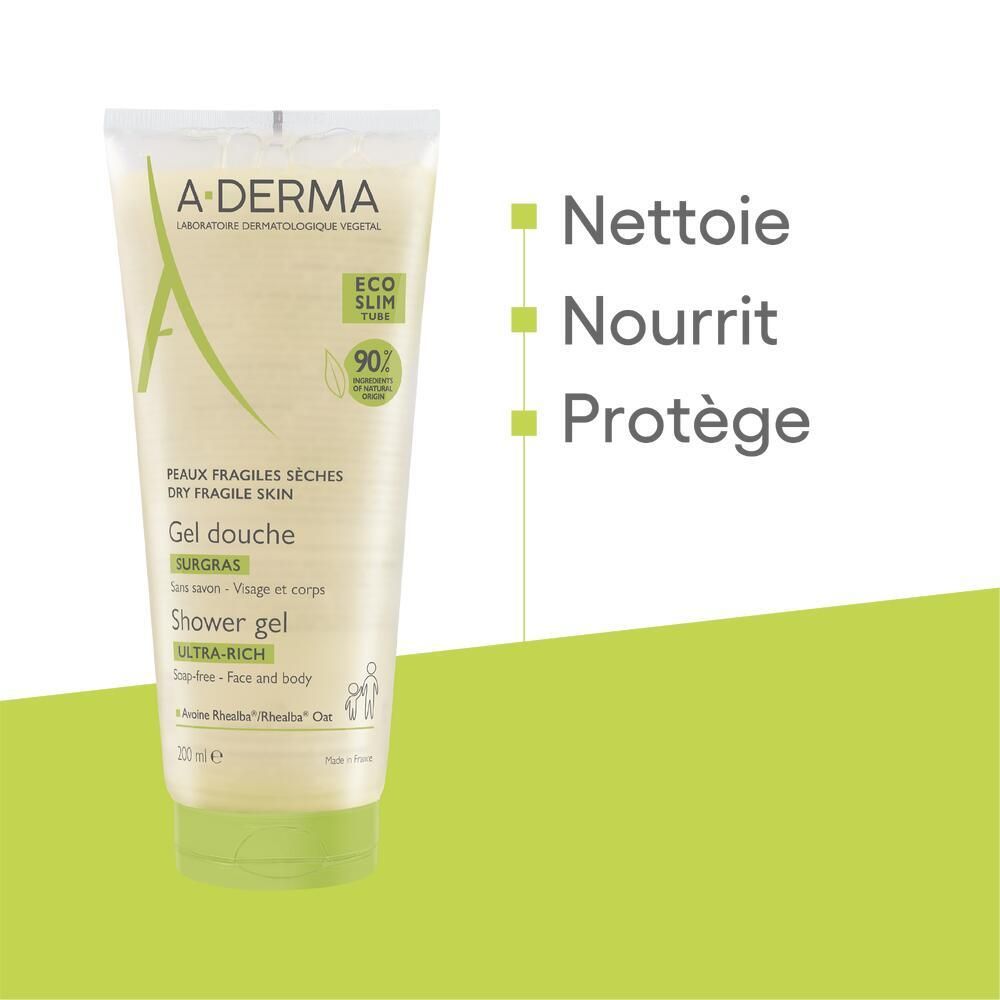 Tube de gel douche A-DERMA. Texte: Nettoie, Nourrit, Protège. Fond vert. 90% d'origine naturelle.