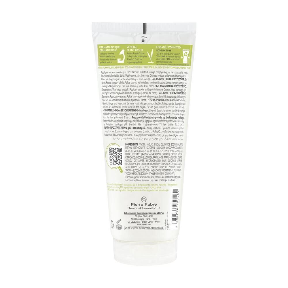 Dos du tube de gel douche A-DERMA Hydra-Protect. Texte multilingue. Code QR et informations sur les ingrédients et le fabricant.