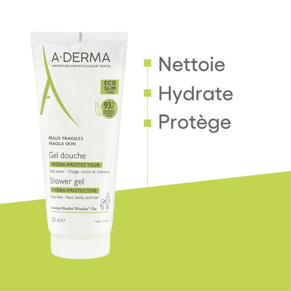 Gel douche A-DERMA Hydra-Protect. Tube blanc avec logo vert. Texte : Nettoie, hydrate, protège. Sur fond vert.