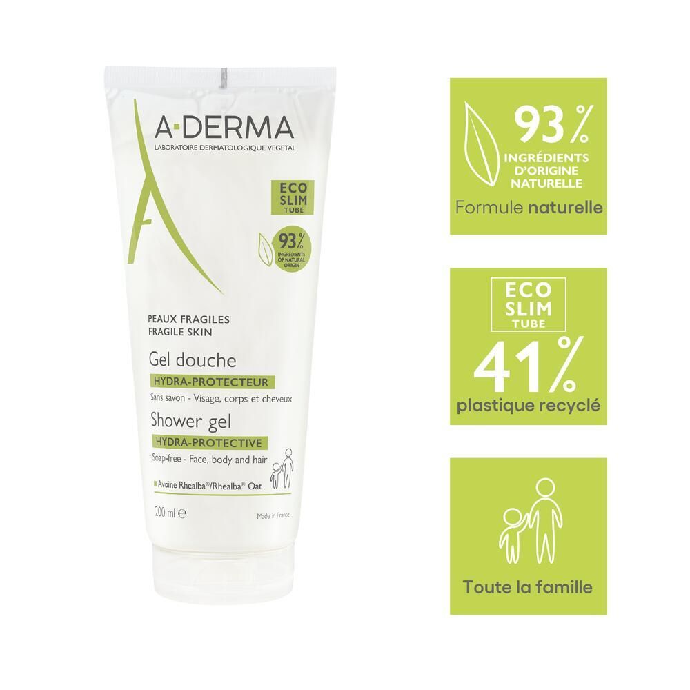 Gel douche A-DERMA Hydra-Protect. Tube blanc avec logo vert. 93% ingrédients naturels et 41% plastique recyclé. Pour toute la famille.