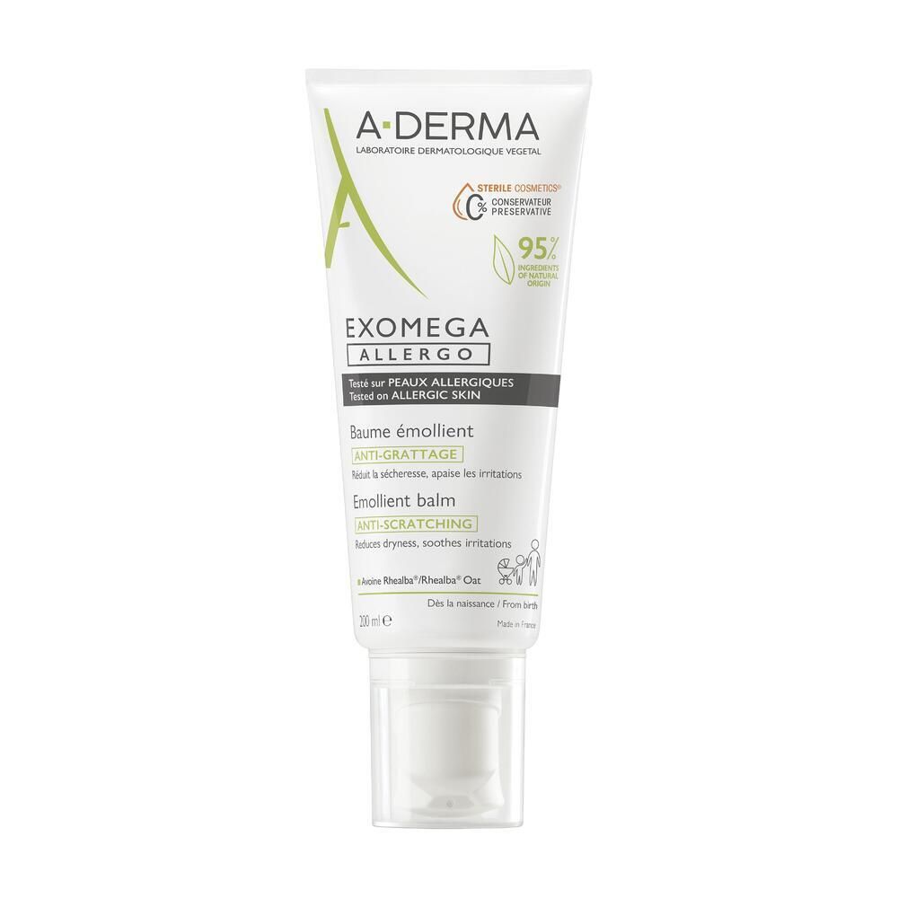 Tube A-DERMA EXOMEGA Allergo. Logo vert. Sans conservateur. Baume émollient anti-grattage. 20 ml.