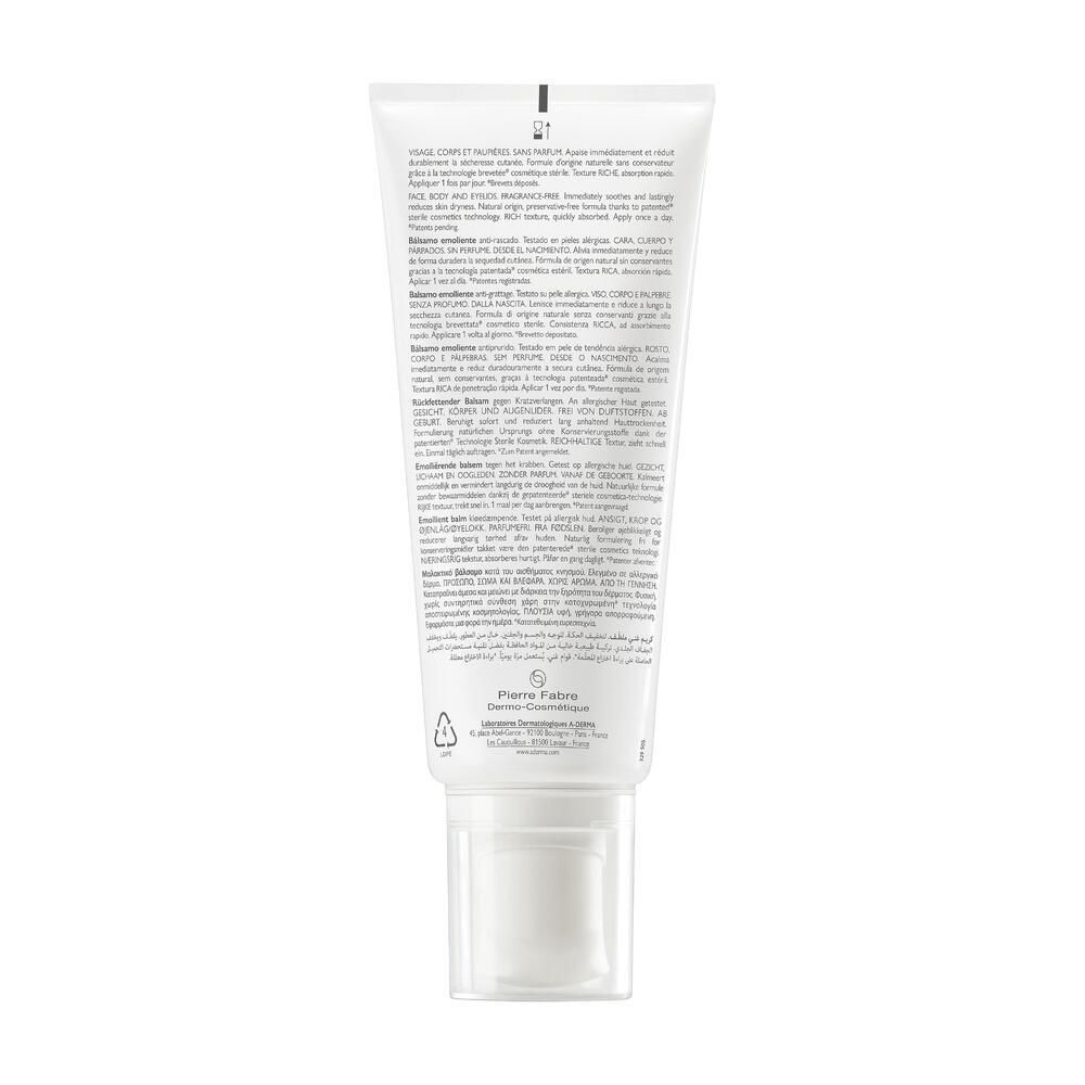 Dos du tube A-DERMA EXOMEGA Allergo. Texte multilingue. Tube blanc avec bouchon à vis.