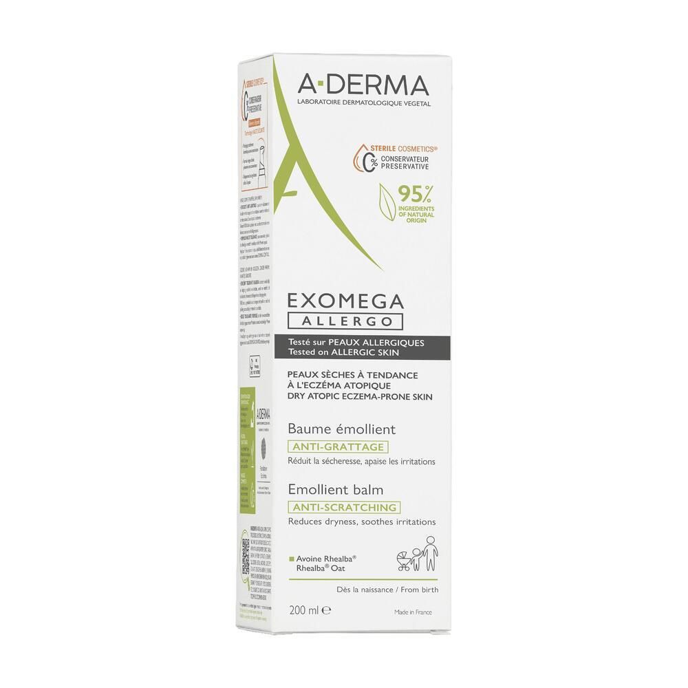 A-DERMA EXOMEGA Allergo. Emballage avec tube. Blanc, vert. Peaux sèches à eczéma atopique. 200 ml.