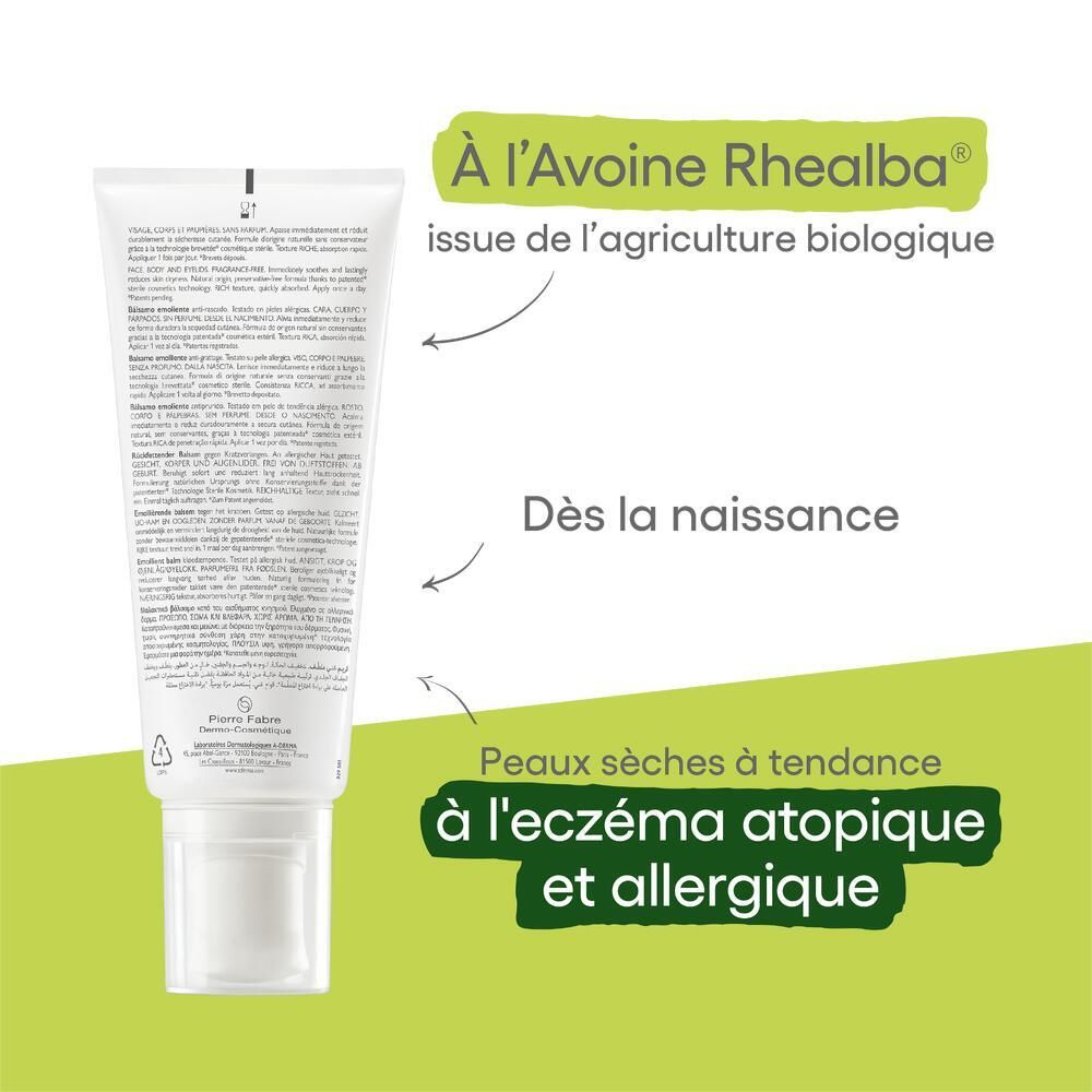 Tube A-DERMA EXOMEGA Allergo. Texte: Avoine Rhealba, dès la naissance. Peaux sèches à eczéma atopique.