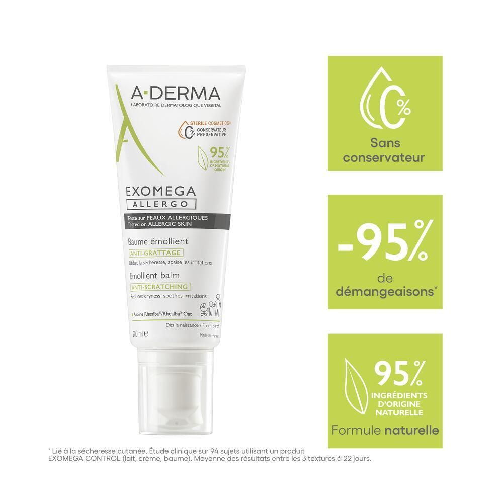 Tube A-DERMA EXOMEGA Allergo. Vert, blanc. Sans conservateur, 95% ingrédients naturels. 20 ml.