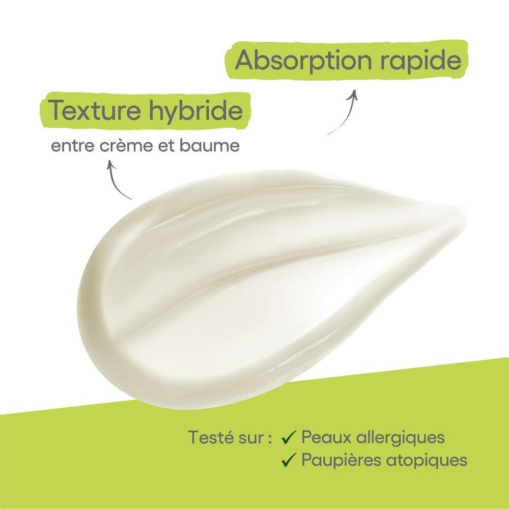 Gros plan crème. Texture hybride, absorption rapide. Testé sur peaux allergiques et paupières atopiques.