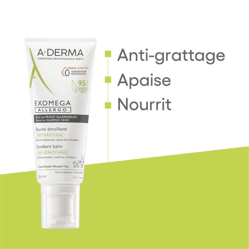 Tube A-DERMA EXOMEGA Allergo. Texte : Anti-grattage, Apaise, Nourrit. Vert, blanc. 20 ml.