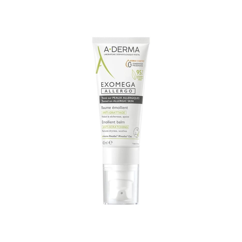 Tube A-DERMA EXOMEGA ALLERGO. Blanc, accents verts. Nom du produit et logo visibles.