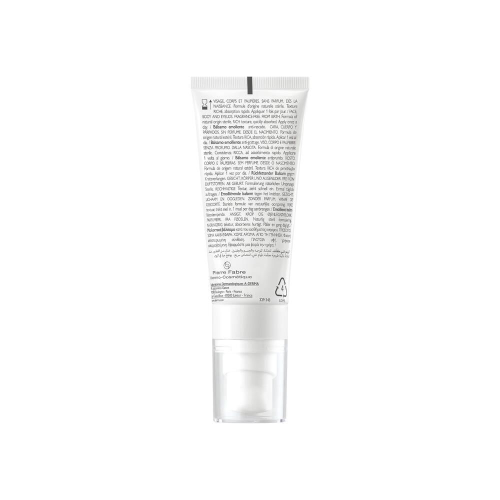 Dos du tube A-DERMA EXOMEGA ALLERGO. Texte multilingue. Fond blanc.